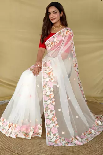 White chiffon saree with all over designer embroidery