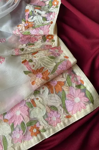 White chiffon saree with all over designer embroidery