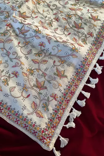 Cream loom tussar saree with all over designer embroidery