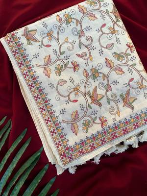 Cream loom tussar saree with all over designer embroidery 3
