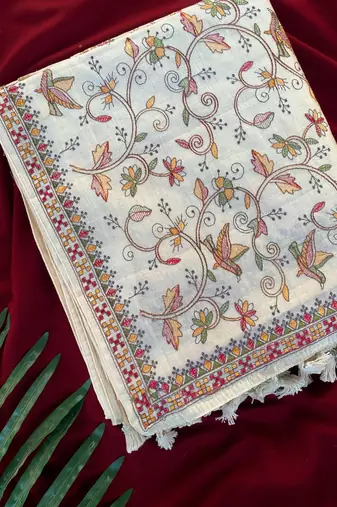 Cream loom tussar saree with all over designer embroidery