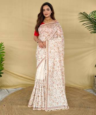 Cream loom tussar saree with all over designer embroidery 1