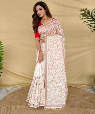Cream loom tussar saree with all over designer embroidery 2