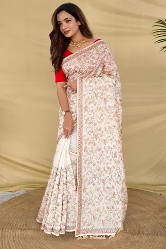 Cream loom tussar saree with all over designer embroidery