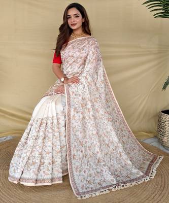 Cream loom tussar saree with all over designer embroidery 3