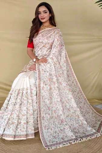 Cream loom tussar saree with all over designer embroidery