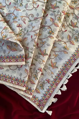 Cream loom tussar saree with all over designer embroidery