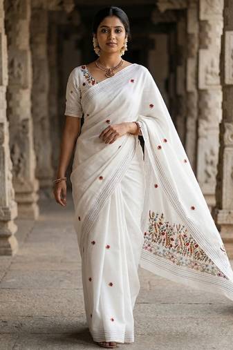 White loom tussar saree with all over designer embroidery