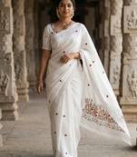 White loom tussar saree with all over designer embroidery