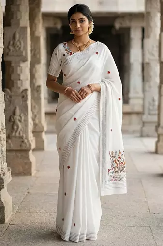 White loom tussar saree with all over designer embroidery