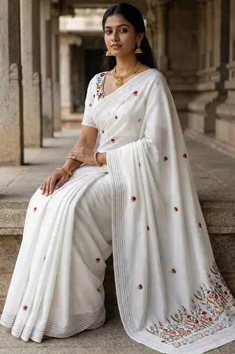 White loom tussar saree with all over designer embroidery