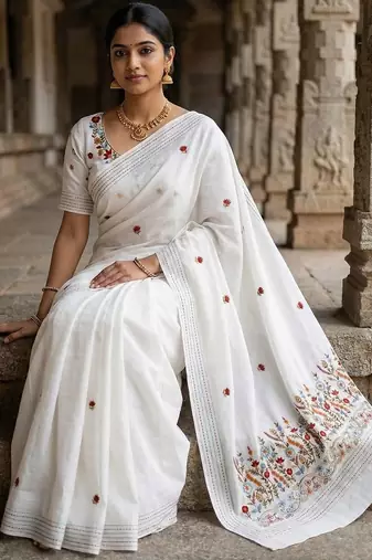 White loom tussar saree with all over designer embroidery