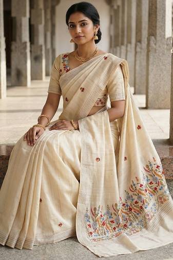 Cream loom tussar saree with all over designer embroidery