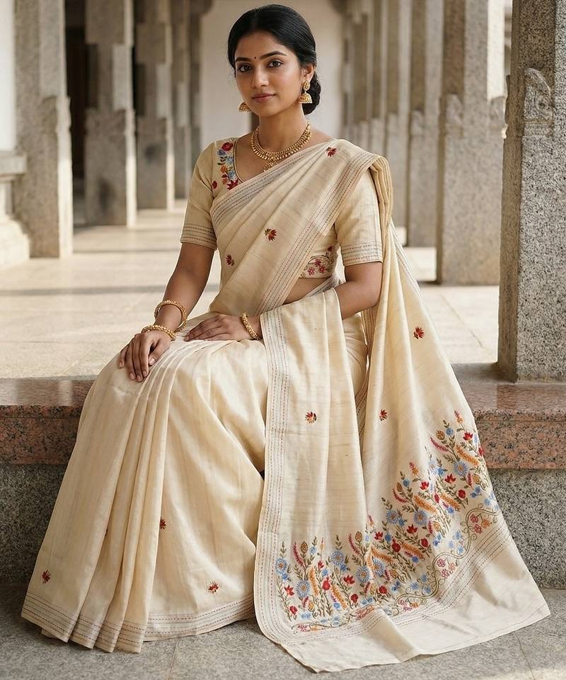 Cream loom tussar saree with all over designer embroidery