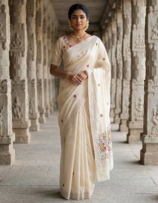 Cream loom tussar saree with all over designer embroidery 2