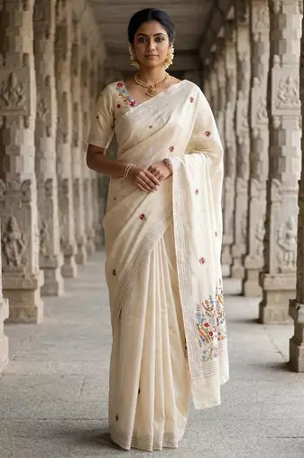 Cream loom tussar saree with all over designer embroidery