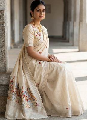Cream loom tussar saree with all over designer embroidery 4