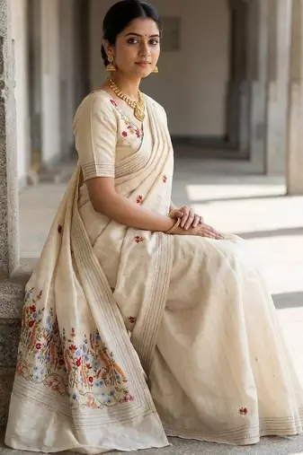 Cream loom tussar saree with all over designer embroidery