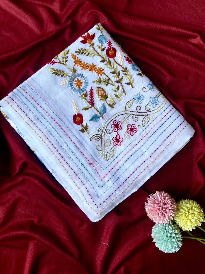 White loom tussar saree with all over designer embroidery