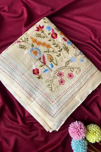 Cream loom tussar saree with all over designer embroidery