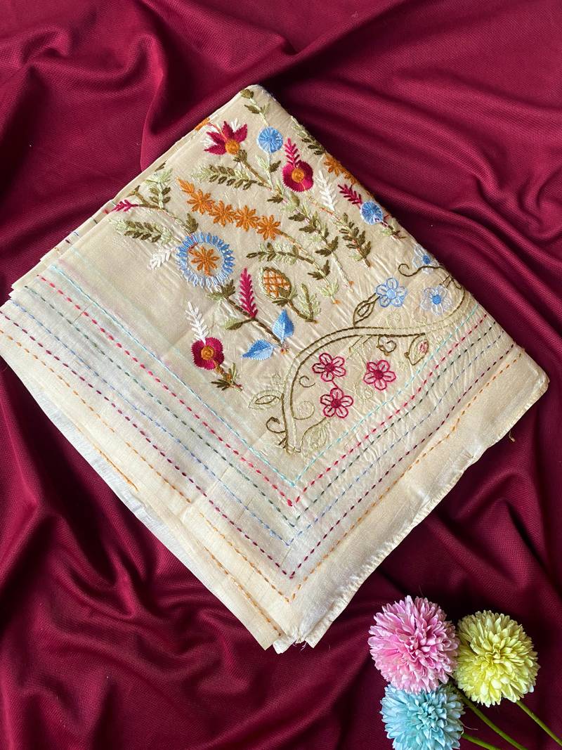 Cream loom tussar saree with all over designer embroidery