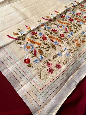Cream loom tussar saree with all over designer embroidery 2