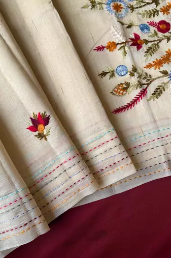Cream loom tussar saree with all over designer embroidery