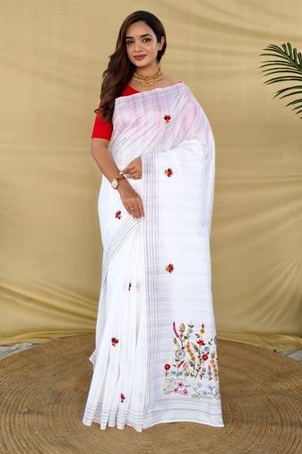 White loom tussar saree with all over designer embroidery