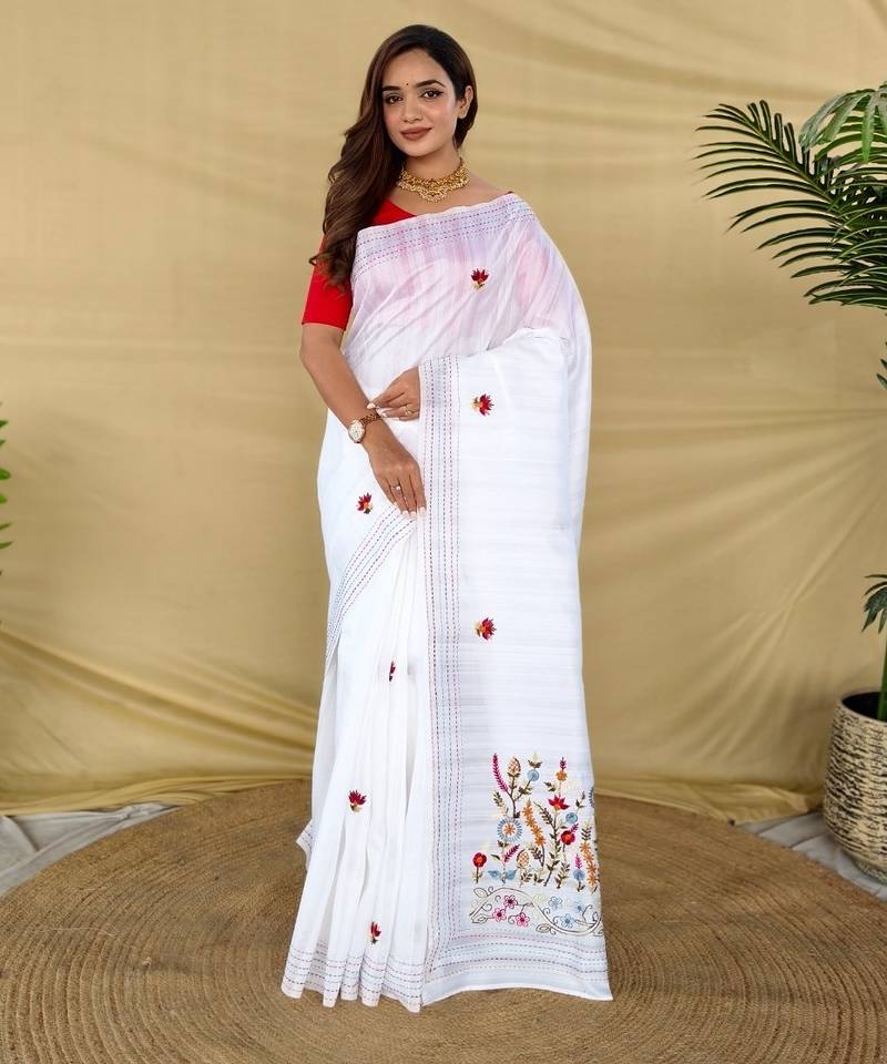 White loom tussar saree with all over designer embroidery