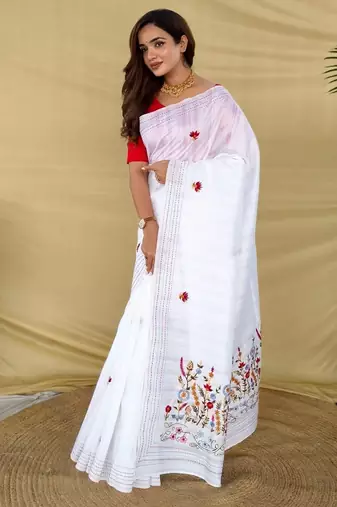 White loom tussar saree with all over designer embroidery