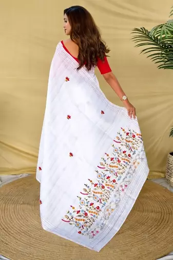 White loom tussar saree with all over designer embroidery