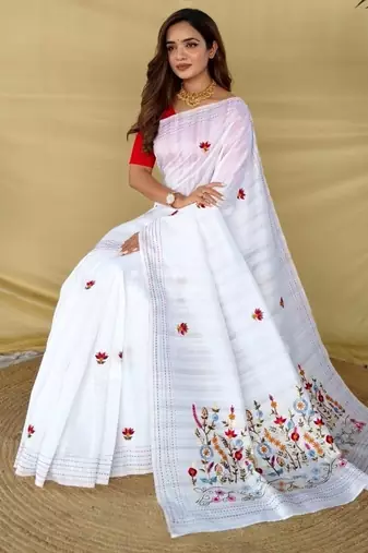 White loom tussar saree with all over designer embroidery