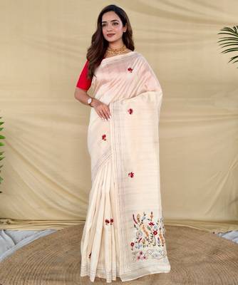 Cream loom tussar saree with all over designer embroidery 1