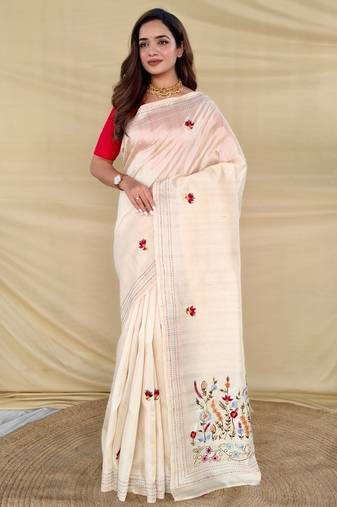Cream loom tussar saree with all over designer embroidery
