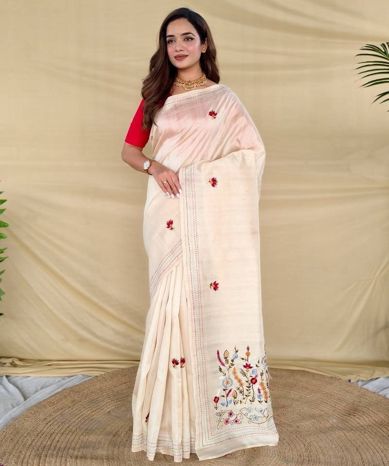 Cream loom tussar saree with all over designer embroidery