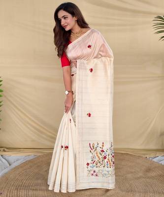 Cream loom tussar saree with all over designer embroidery 2