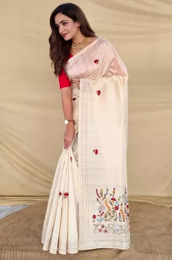 Cream loom tussar saree with all over designer embroidery