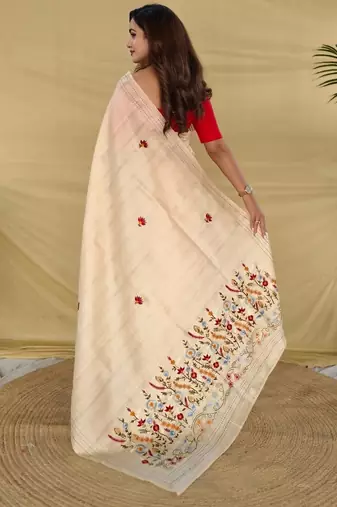 Cream loom tussar saree with all over designer embroidery