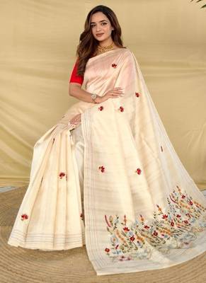Cream loom tussar saree with all over designer embroidery 4
