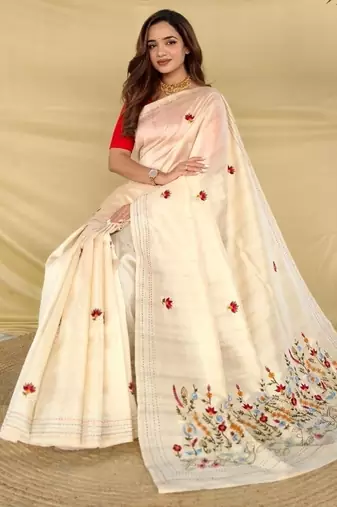 Cream loom tussar saree with all over designer embroidery