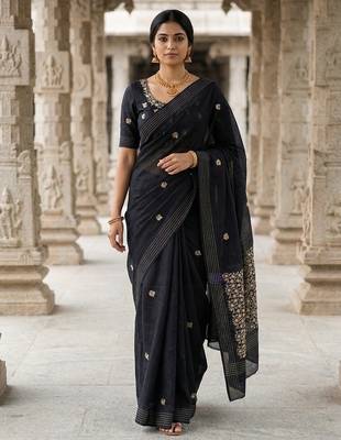 Black matka silk saree with all over designer embroidery 1
