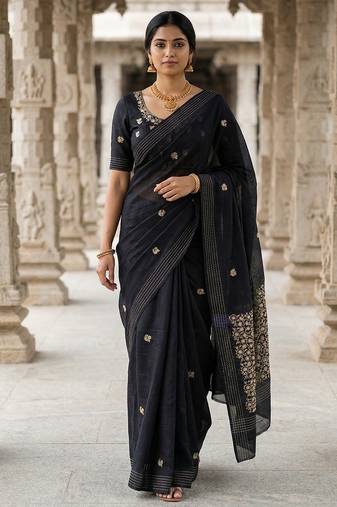 Black matka silk  saree with all over designer embroidery