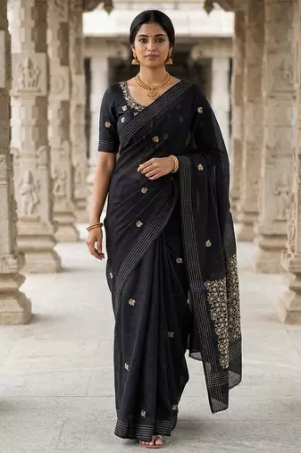 Black matka silk  saree with all over designer embroidery
