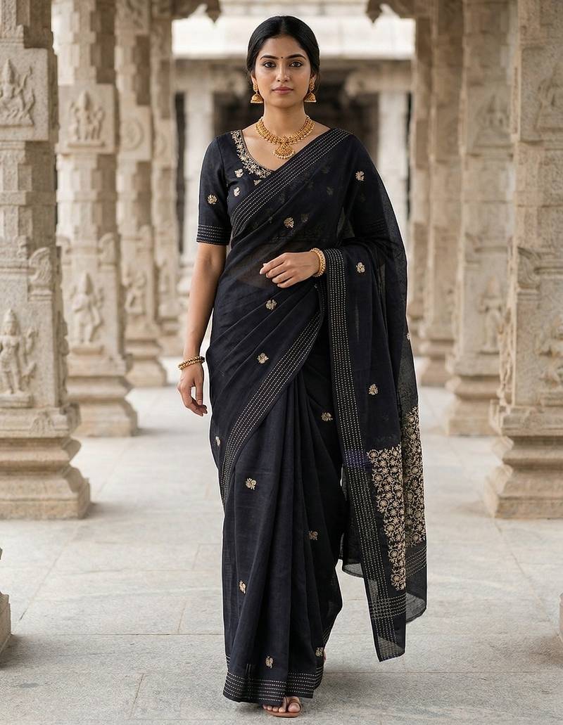 Black matka silk  saree with all over designer embroidery