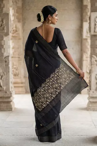 Black matka silk saree with all over designer embroidery