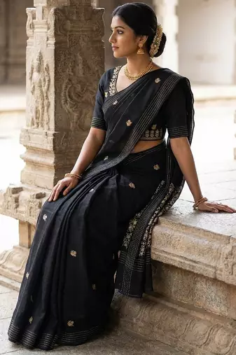 Black matka silk saree with all over designer embroidery