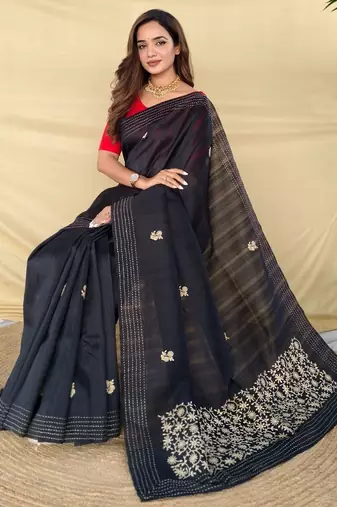 Black matka silk  saree with all over designer embroidery