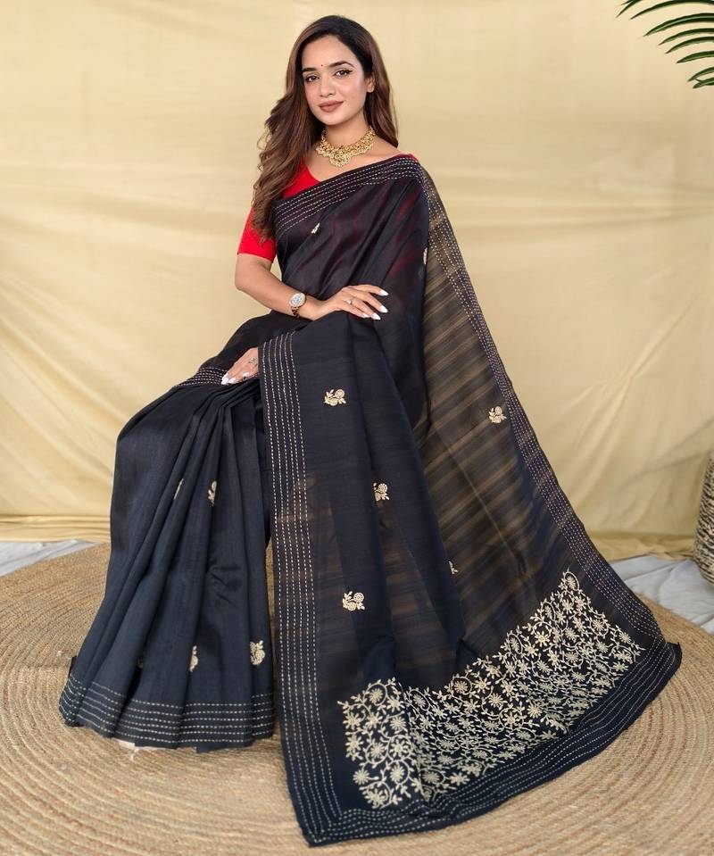 Black matka silk  saree with all over designer embroidery