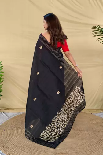 Black matka silk saree with all over designer embroidery