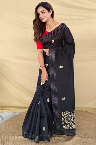 Black matka silk saree with all over designer embroidery